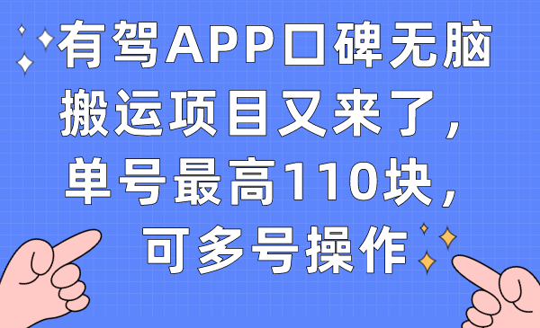 有驾APP口碑无脑搬运项目又来了，单号最高110块，可多号操作-启航188资源站