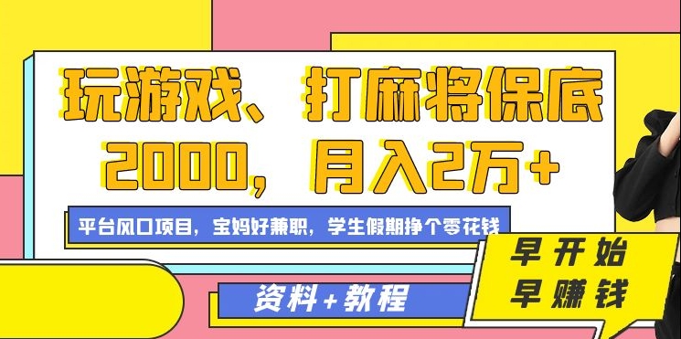 玩游戏、打麻将保底2000，月入2万+，平台风口项目-启航188资源站