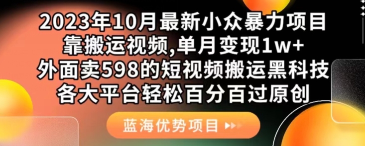 2023年10月最新小众暴力项目，靠搬运视频,单月变现1w+，外面卖598的短视频搬运黑科技，各大平台轻松百分百过原创-启航188资源站