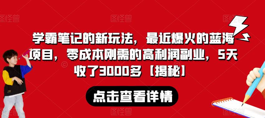 学霸笔记的新玩法，最近爆火的蓝海项目，零成本刚需的高利润副业，5天收了3000多【揭秘】-启航188资源站