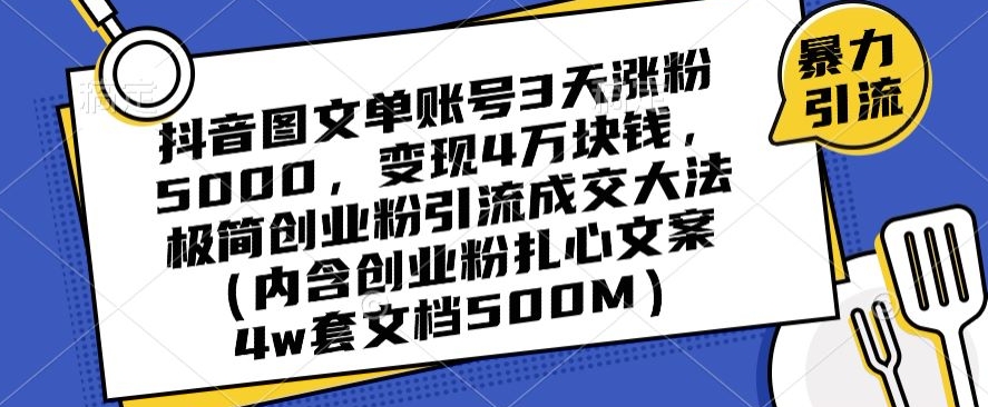 抖音图文单账号3天涨粉5000，变现4万块钱，极简创业粉引流成交大法-启航188资源站