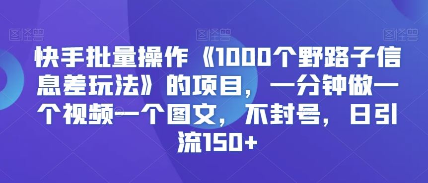 快手批量操作《1000个野路子信息差玩法》的项目，一分钟做一个视频一个图文，不封号，日引流150+【揭秘】-启航188资源站