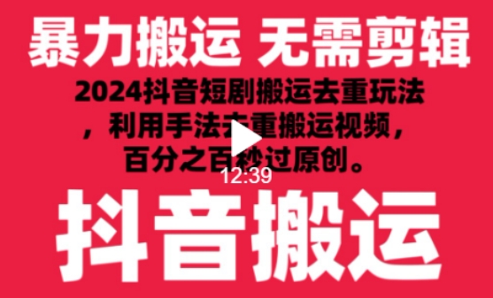 2024最新抖音搬运技术，抖音短剧视频去重，手法搬运，利用工具去重，达到秒过原创的效果-启航188资源站