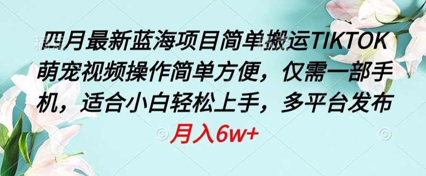 四月最新蓝海项目，简单搬运TIKTOK萌宠视频，操作简单方便，仅需一部手机-启航188资源站