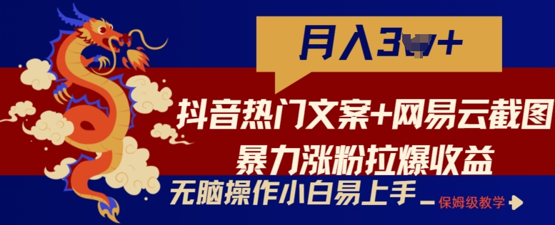 抖音热门文案+网易云截图暴力涨粉拉爆收益玩法，小白无脑操作，简单易上手-启航188资源站