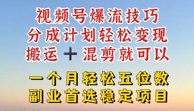 视频号爆流技巧，分成计划轻松变现，搬运 +混剪就可以，一个月轻松五位数稳定项目【揭秘】-启航188资源站