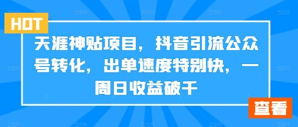 天涯神贴项目，抖音引流公众号转化，出单速度特别快，一周日收益破千-启航188资源站