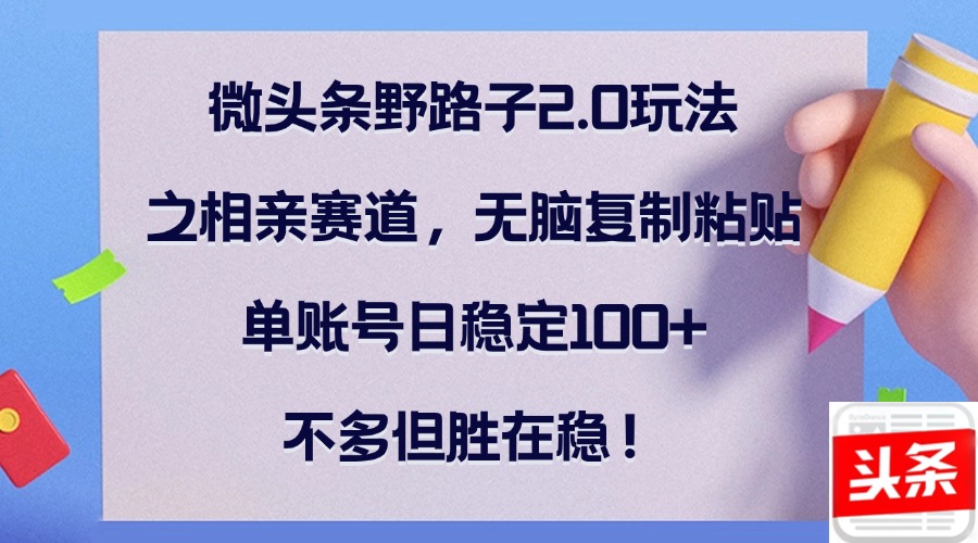 微头条野路子2.0玩法之相亲赛道，无脑复制粘贴，单账号日稳定100+，不…-启航188资源站