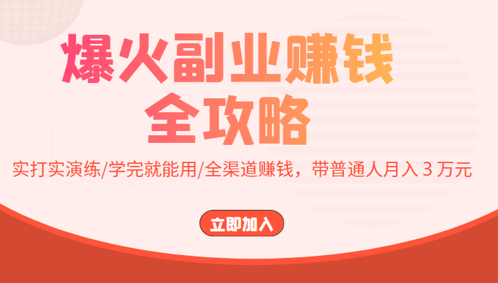 爆火副业赚钱全攻略：实打实演练/学完就能用/全渠道赚钱，带普通人月入３万元-启航188资源站