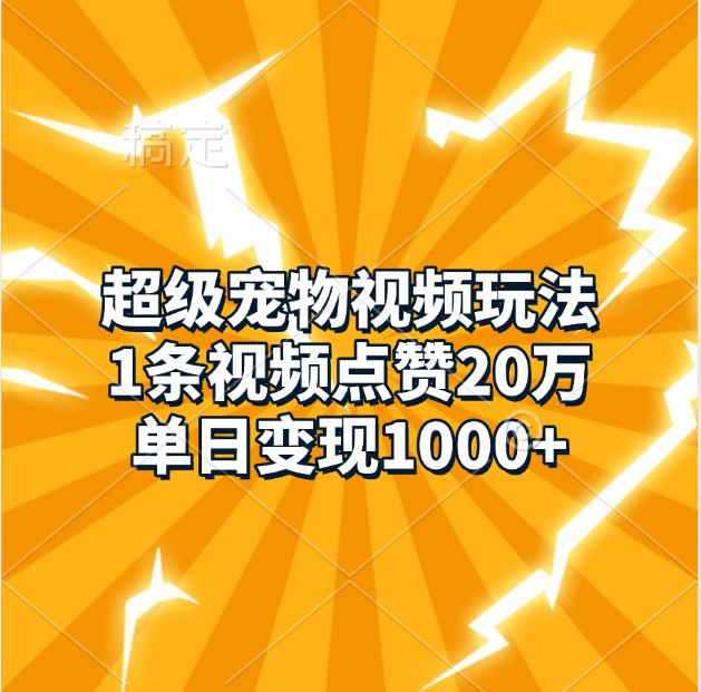 超级宠物视频玩法，1条视频点赞20万，单日变现1000+-启航188资源站