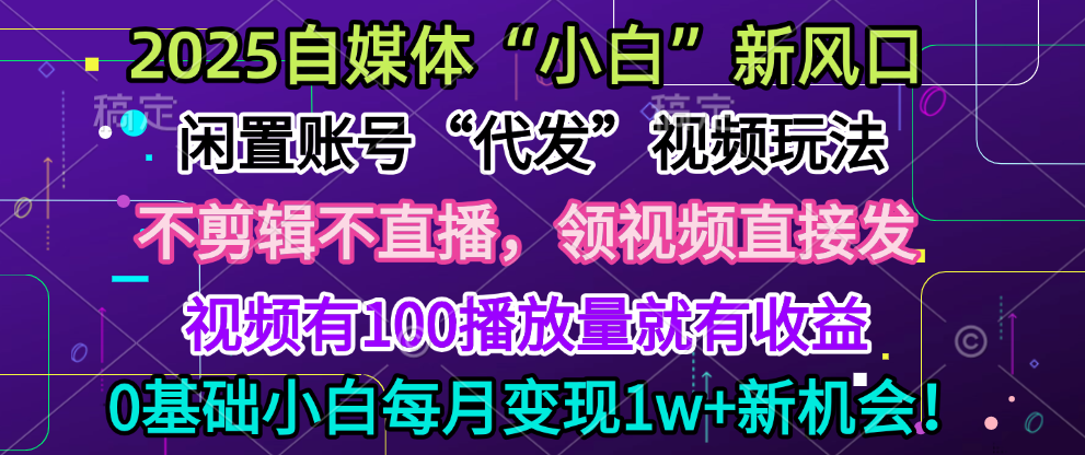 2025每月躺赚5w+新机会，闲置视频账号一键代发玩法，0粉不实名不剪辑，领了视频直接发，0基础小白也能日入300+-启航188资源站