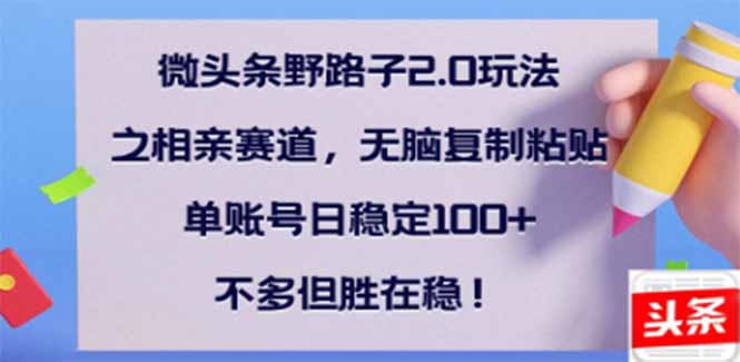 微头条野路子2.0玩法之相亲赛道，无脑搬砖复制粘贴，单账号日稳定300+…-启航188资源站