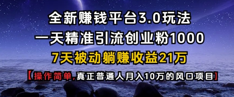 全新赚钱平台3.0玩法一天精准引流创业粉1000.7天被动躺Z收益21W【仅揭秘】-启航188资源站