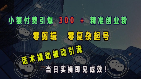 小额付费引爆 300 + 精准创业粉，零剪辑、零复杂起号，话术撬动被动引流，当日实操即见成效-启航188资源站